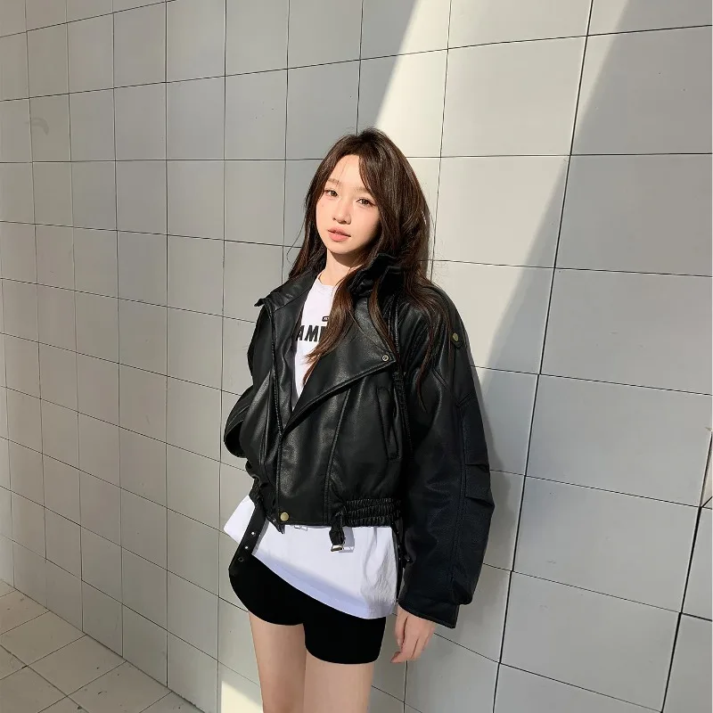 Solid Short PU Leather Jacket Women Zipper Snap Buttons Oversize Vintage Street Style Fall Winter Trendy Casual Retro Cozy