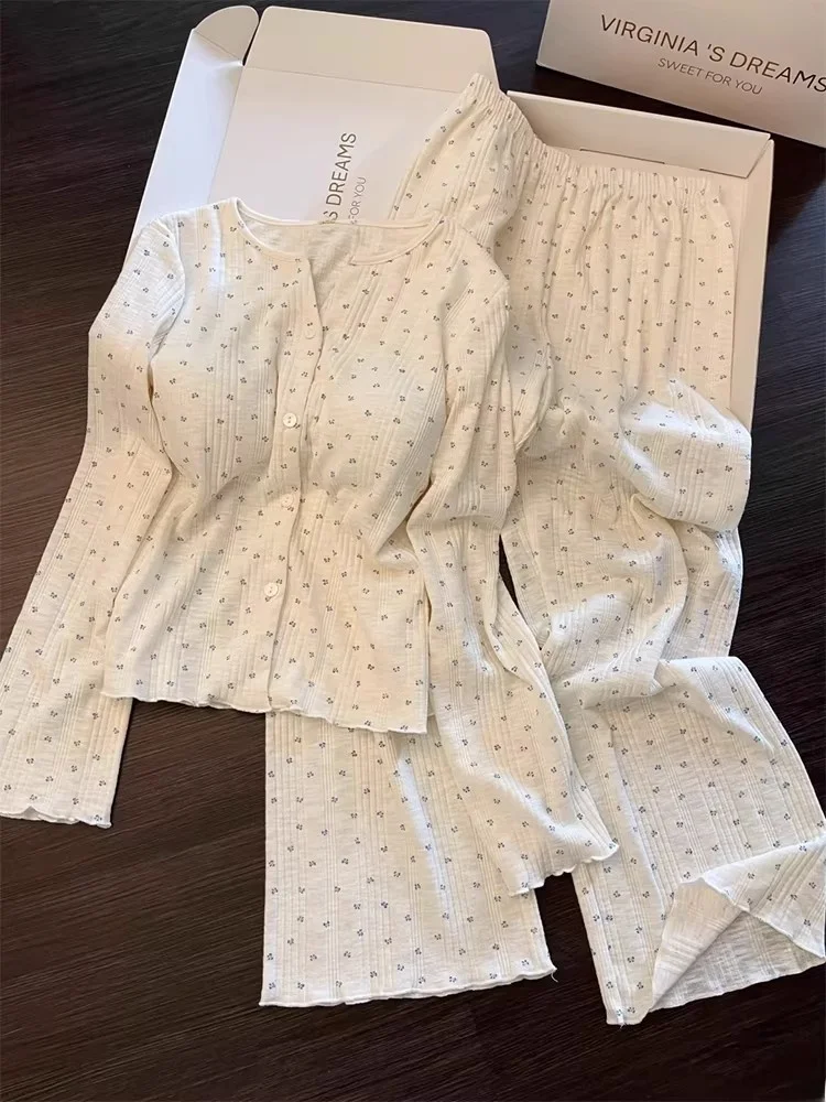 女性用パジャマ 胸パッド付き 純綿 長袖 半袖 春 秋 夏 ホームウェア 屋外でも着用可能 1
