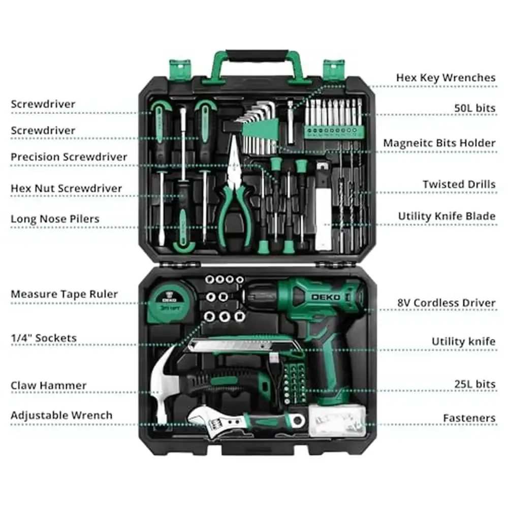 126 Piece Cordless Drill Set Tool Kit with 8V Green Drill Home DIY Women Alloy Steel Construction Anti-Skid Comfort Grip