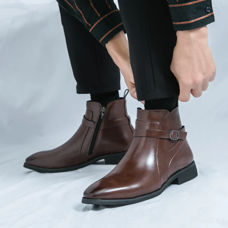 Pointed Men Chelsea Boots Leather Classic Retro Style Dress Shoes for Male Formal Business  Brown Anti-slip Wearable Ankle Boots