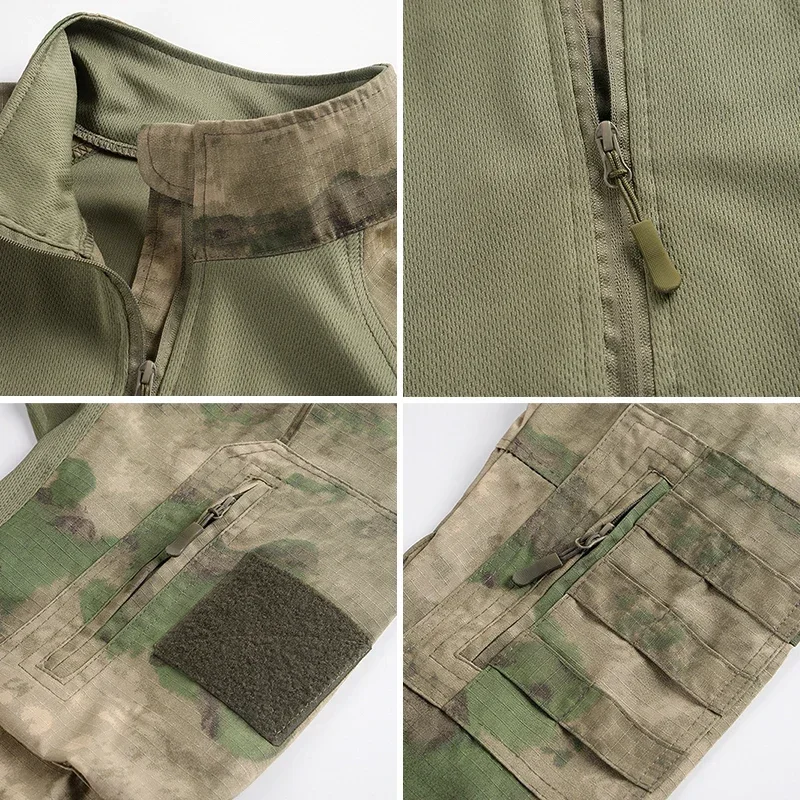 Ruins Camo Tactical Sets Men Autumn Breathable Quick-drying Training Tshirts+Multi-pocket Wear-resistant Cargo Pants 2 Pcs Suits