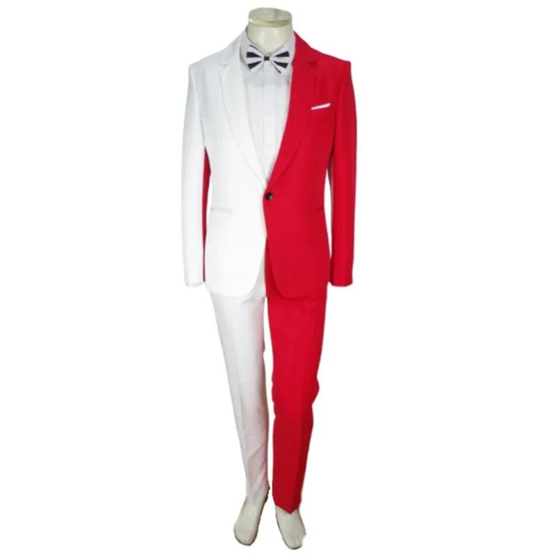 Black White Red Splicing Color Men Suits Singer Compere Stage Tuxedo Blazer Pants 2 Piece Male Magician Chorus Performance Set