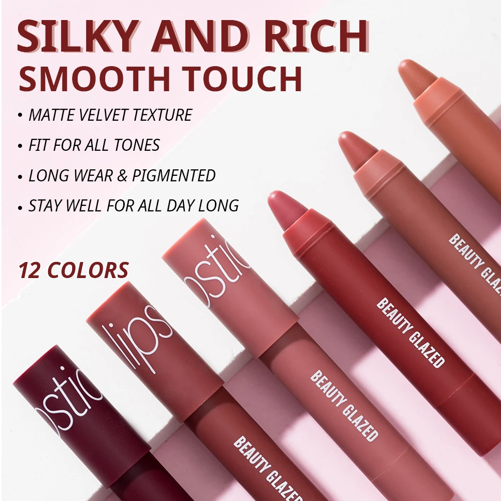 Beauty Glazed Matte ลิปสติกดินสอ 12 สี Velvet Lip Liner ปากกากันน้ํา Long Lasting Lip Balm LIPS แต่งหน้าผู้หญิงเครื่องสําอาง