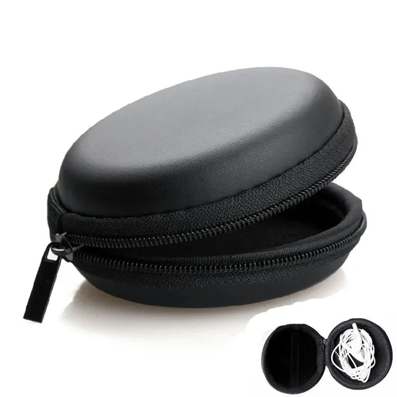 Mini estuche negro con cremallera para auriculares, estuche portátil para almacenamiento de auriculares, bolsa dura de transporte, bolsa dura redonda, bolsa de billetera