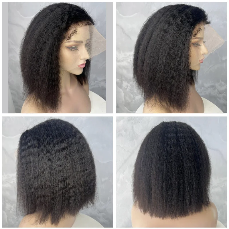 Peluca de cabello humano rizado con cierre Frontal, pelo de bebé predespuntado, corte Bob corto, 13x4, Yaki