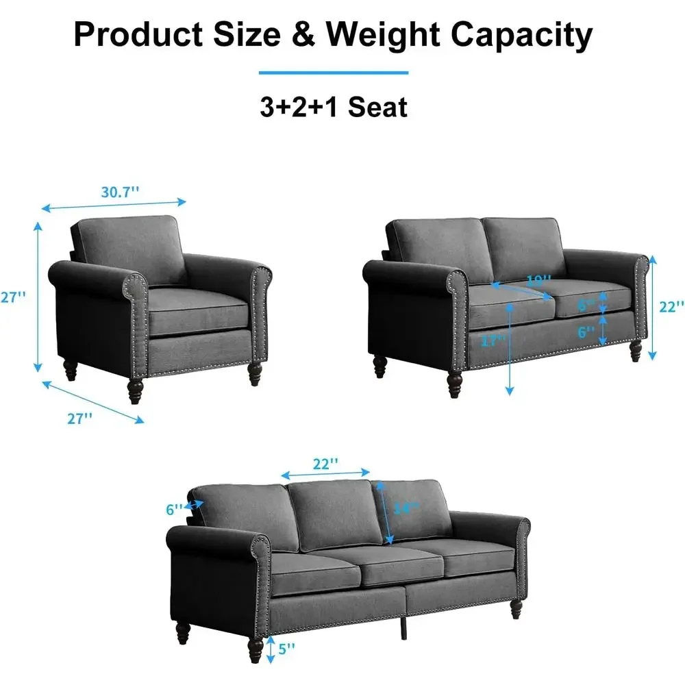 3 Piece Living Room Sets urniture, Sectional Couch and Loveseat and Armchair Set, ern 3 Seater Soa + 2 Seater Couch+ Accent Chai