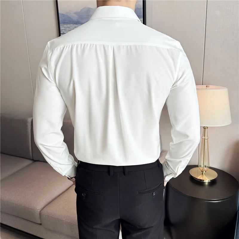 Men Long Sleeved Shirt 2024 Autumn New British Style Solid Color Casual Elastic Slim Fit Formal Shirt High-quality Men Clothing