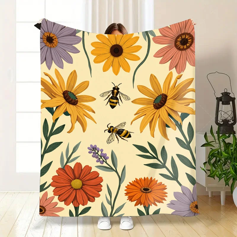 1 قطعة بطانية الفانيلا بطانية طباعة النحل الأزهار النابضة بالحياة لديكور المنزل المريح