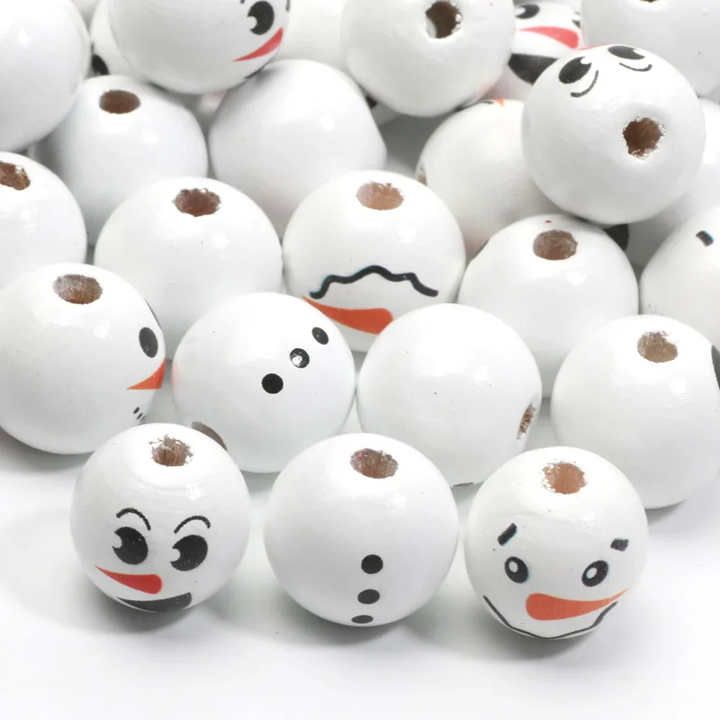 10pcs Christmas Snowman Pattern Round Balls Wood Spacer Beads Bracelet Wood Beads For Jewelry Making DIY Handicrafts Accessories