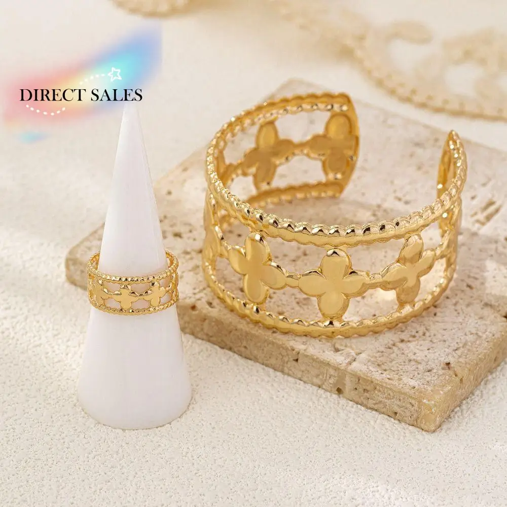 Exquisite Flower Cuff Bangle Gold/silver Clover Shaped Hollow Flower Bangle Wide Cuff Casting Technique Open Bracelet Party