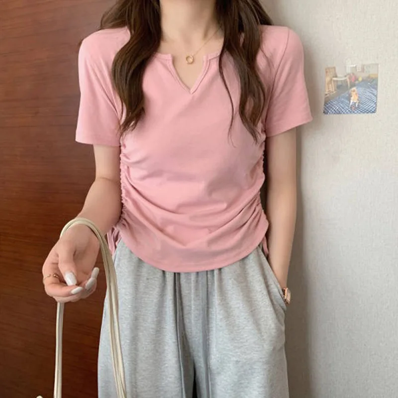 1pcs Summer Women T-shirt Girl Basic TShirt Lady Short Sleeve Sexy Slim Fit Drawstring Tee V-Neck Women's Casual Tee Student Top