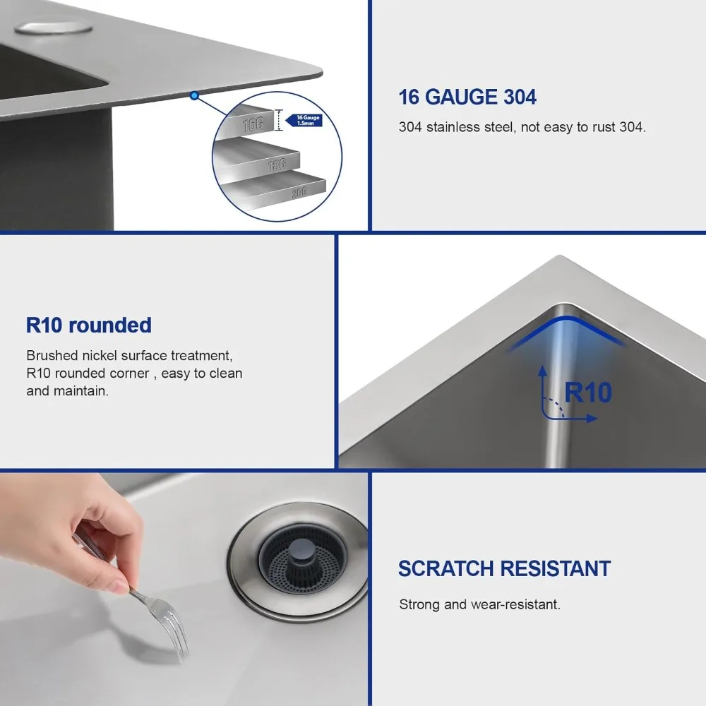 حوض مطبخ كبير Topmount 33x19، شديد التحمل 16 مقياس 304 من الفولاذ المقاوم للصدأ، 3 فتحات أنابيب، تصميم منسدل