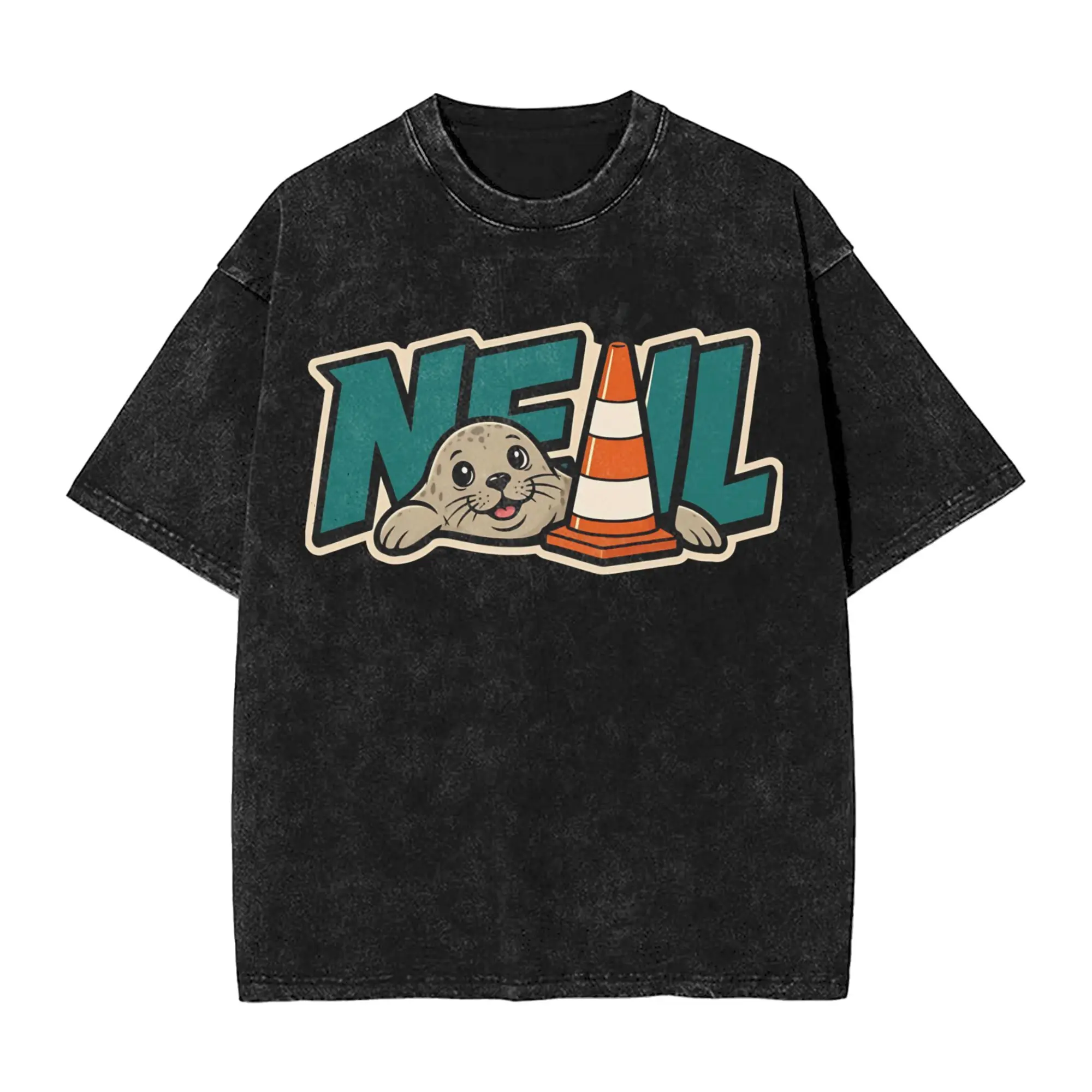 Neil the Seal with Traffic Cone T Shirts Hip Hop Washed Cotton Harajuku T-Shirts Animal Vintage for Men Women Graphic Tee Shirt