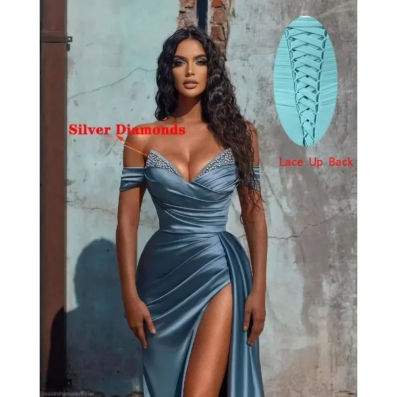 Wakuta-vestido de fiesta de satén con hombros descubiertos, vestido de noche Formal brillante con diamantes de imitación de sirena, abiti, elegante, con abertura