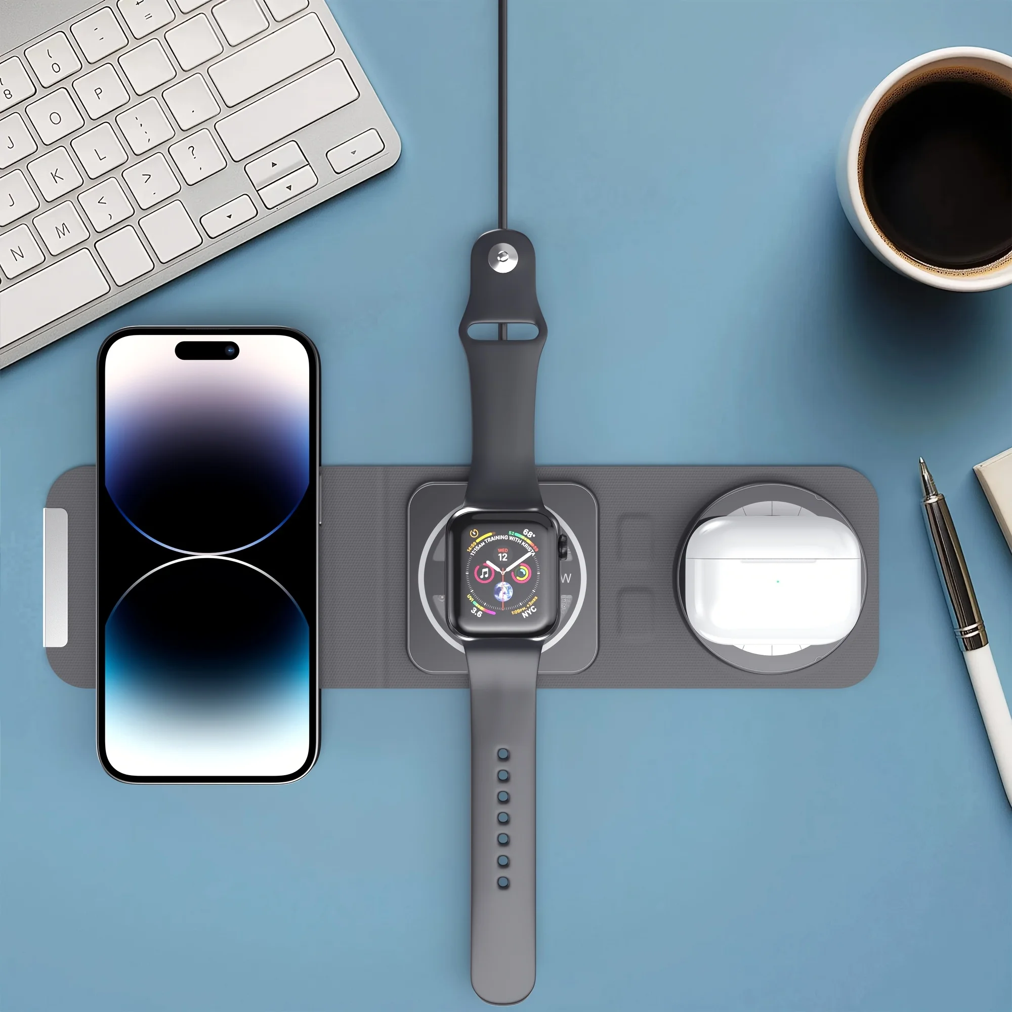 아이폰, 워치, 에어팟 동시 고속 충전을 위한 3 in 1 접이식 충전기, 마그네틱 무선 파워 독