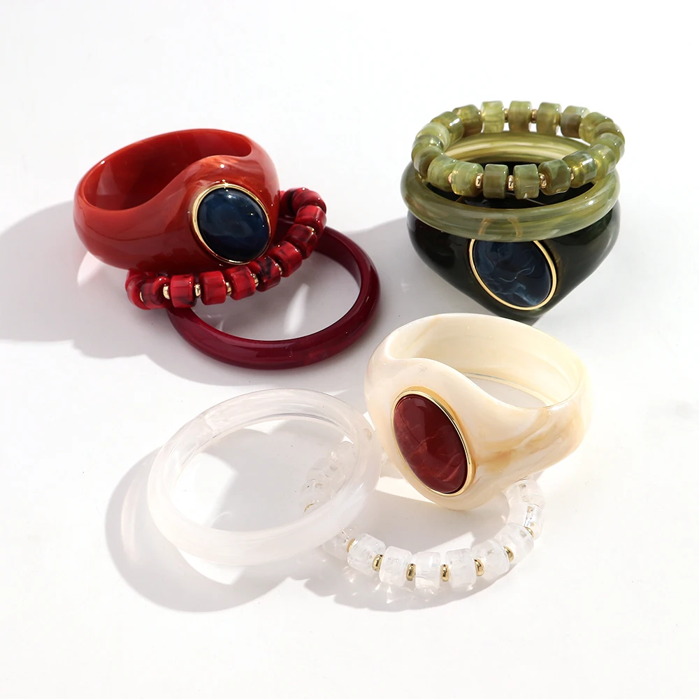3 Pcs/Set Vintage Resin Chunky Geometric Cuff Bangle Bracelets Fashion Acrylic Wide Stackable Bangles Women Jewelry Gfits