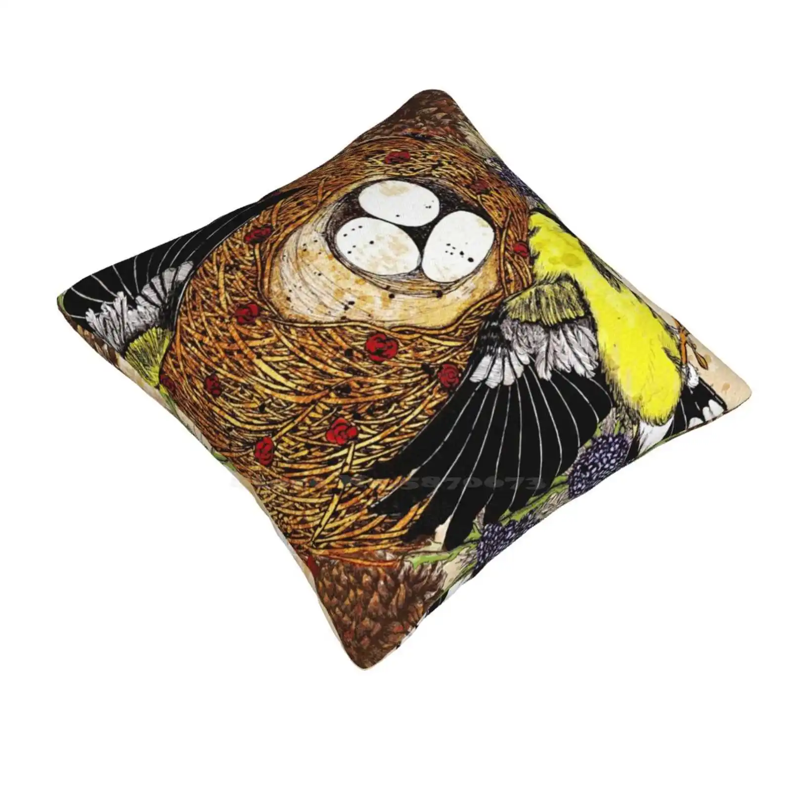 Fox And The Cradle Funny Cute Decor Square Pillowcase Ink Animals Fox Bird Goldfinches Eggs Nesting Parenthood Mother Father