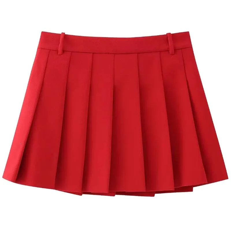 Traf Rode Plooirok Damesrokken Lente Zomer 2024 Midden Taille Korte Rok Koreaanse Stijl Rokken Dames Rok Nieuwkomers