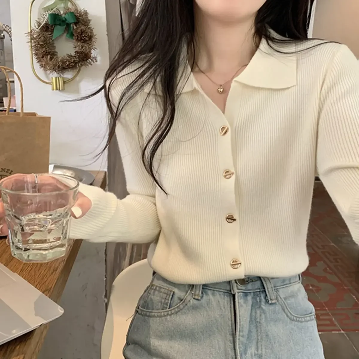 Versione coreana minimalista collo a Polo a maniche lunghe Cardigan in maglia per le donne autunno maglione sottile con scollo a v Top corto abbigliamento