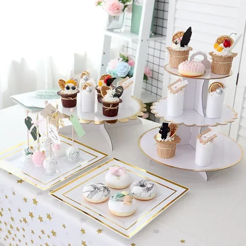 

1pack Baby shower birthday Solid color three-layer paper cake stand for Birthday Prom party accessories cake decor supplies