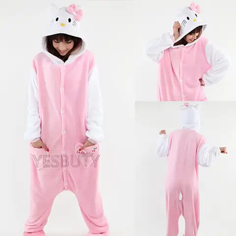 Hello Kitty Cat Onesie Cosplay Costume Kigurumi Flannel Zipper Pajamas Anime Jumpsuit Sleepwear Homewear Adult Halloween Suit