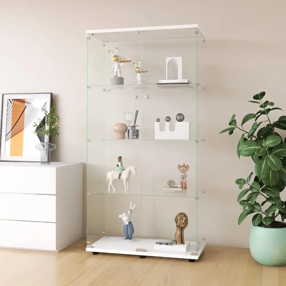 XMSJ Glass Display Cabinet with Two Doors, 64.7 Inches, 4 Tiers with Door Shelves, Storage Cabinet, Glass Bookshelf Cabinets