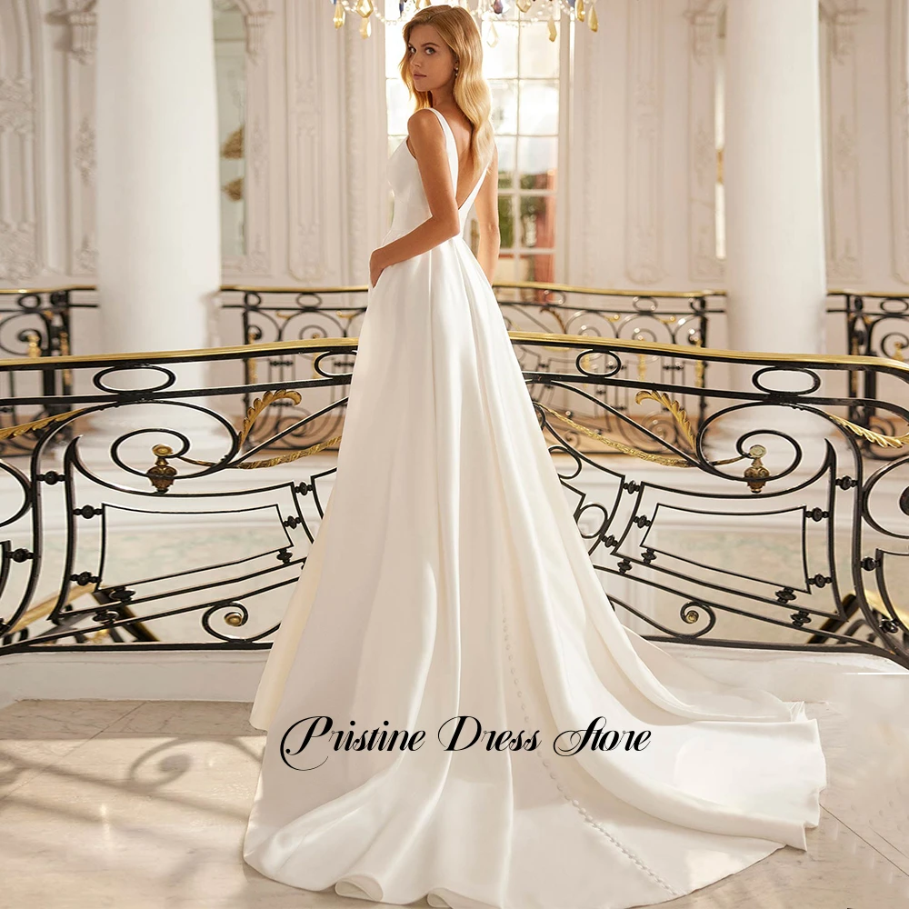 Customized Women Satin Wedding Dress with Side Slit Simple Deep V-Neck Pleats Sleeveless Bridal Gowns Vestido De Novia 2026