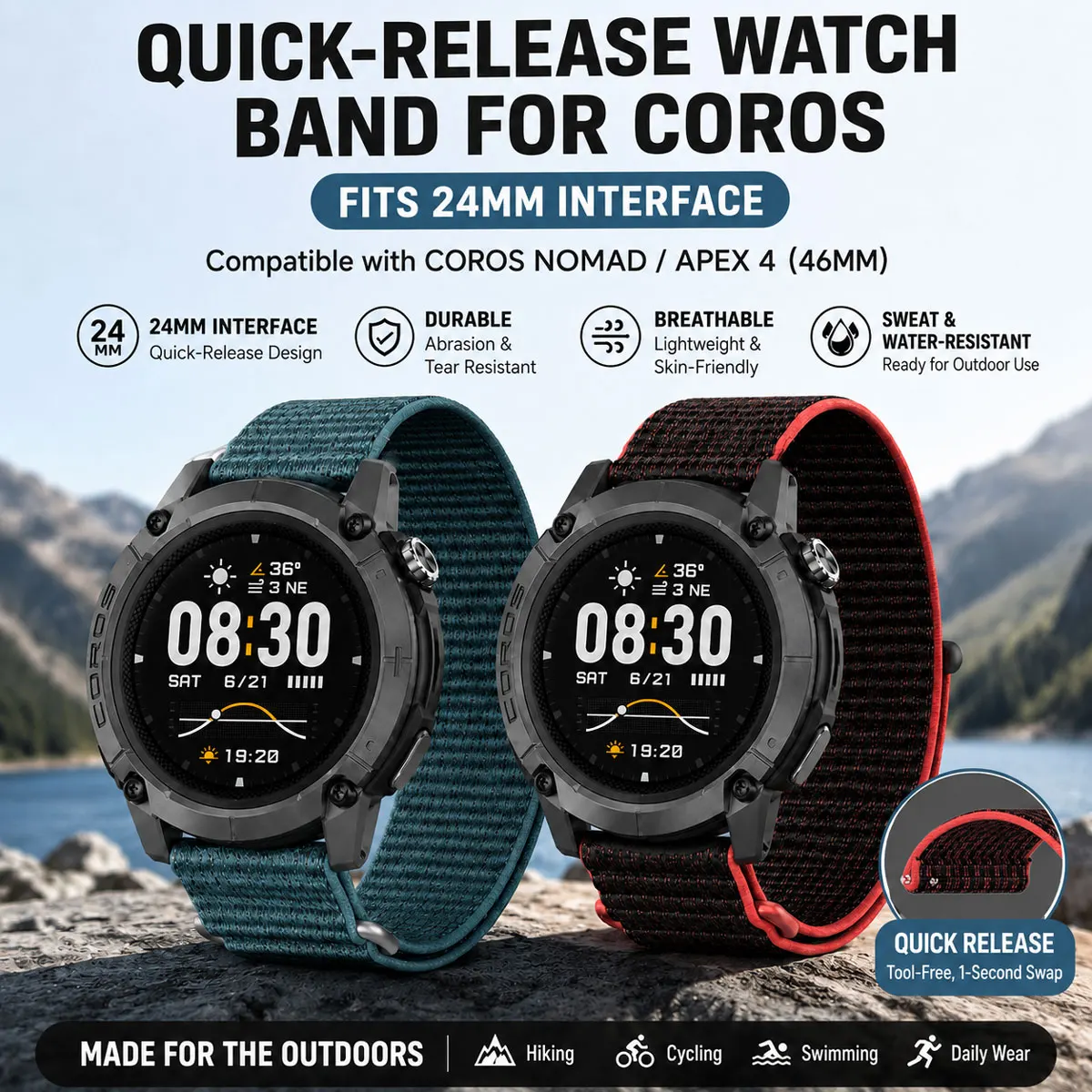 24mm Quick Release Nylon Loop Strap for Coros NOMAD/APEX4 46mm – Soft Breathable Sport Band, Lightweight Replacement Watch Strap