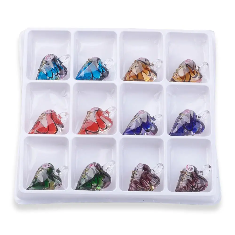 Handmade Gold Sand Heart Lampwork Pendants Inner Flower Mixed Color 41~47x28~31x14~18mm Hole: 4~8mm 12pcs/box