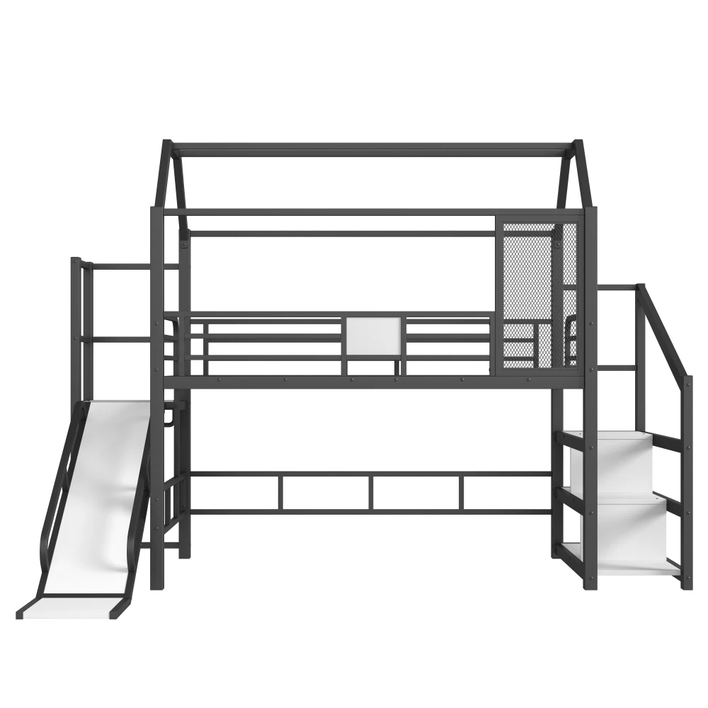 سرير علوي على شكل منزل مقاس مزدوج - سرير معدني مع سلالم منزلق وتخزين، خالي من الضوضاء، حاجز أمان وتصميم سقف لطيف