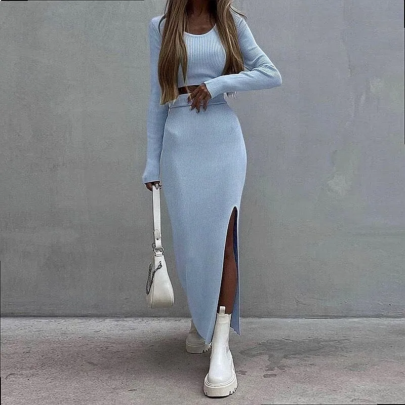 Pure Color Knit Long Sleeve Tee Sets with Side Split Bodycon Skirt Matching Set