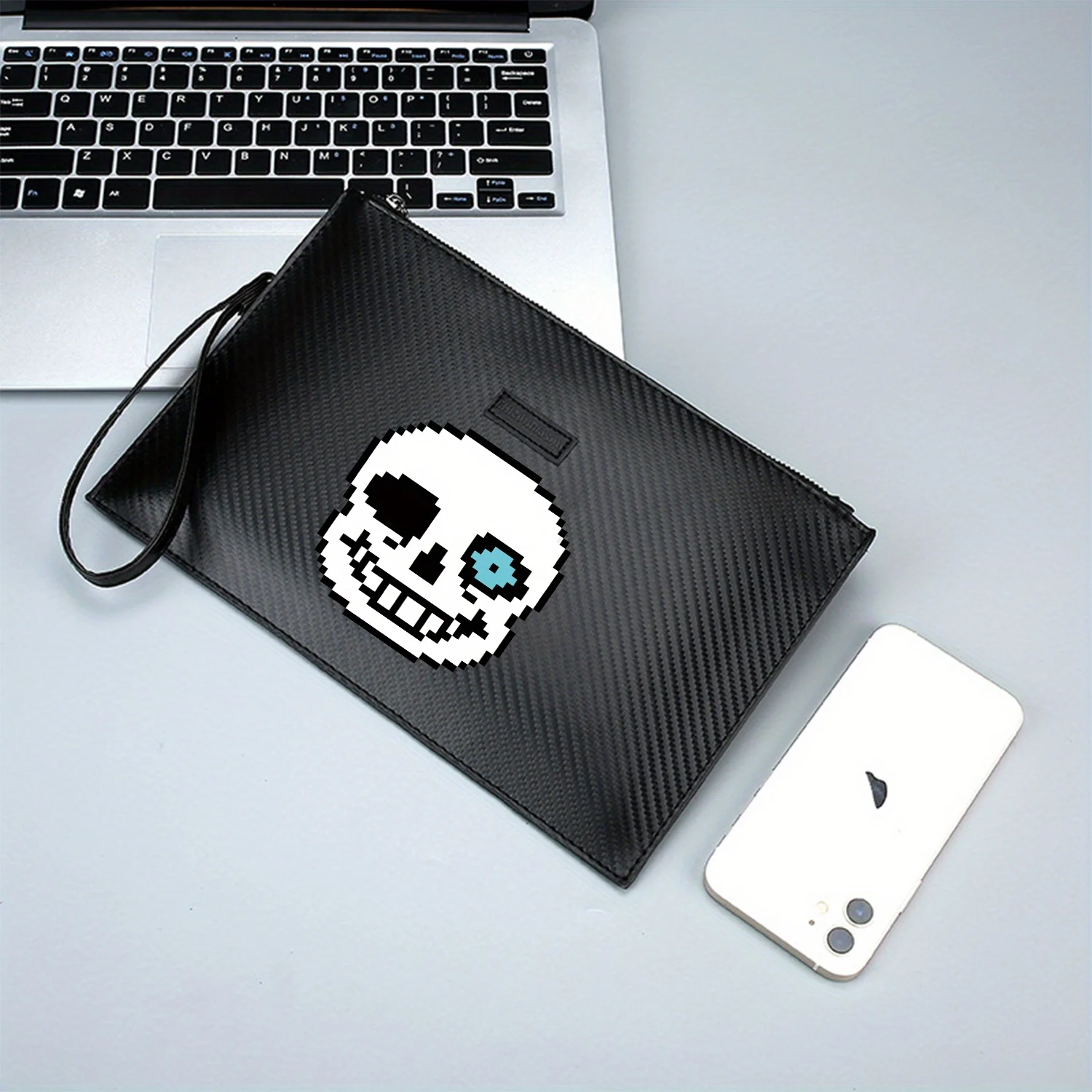 حقيبة يد رجالية من البولي يوريثان مطبوعة على شكل جمجمة مبتسمة باللون الأزرق، عصرية وعملية للحمل اليومي #2