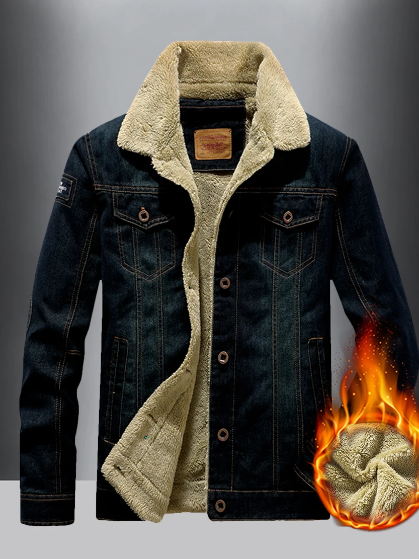 

Мужская джинсовая куртка из хлопка с флисовой подкладкой, воротником из овечьего вельвета, зимняя, винтажная, морозостойкая верхняя одежда для работы