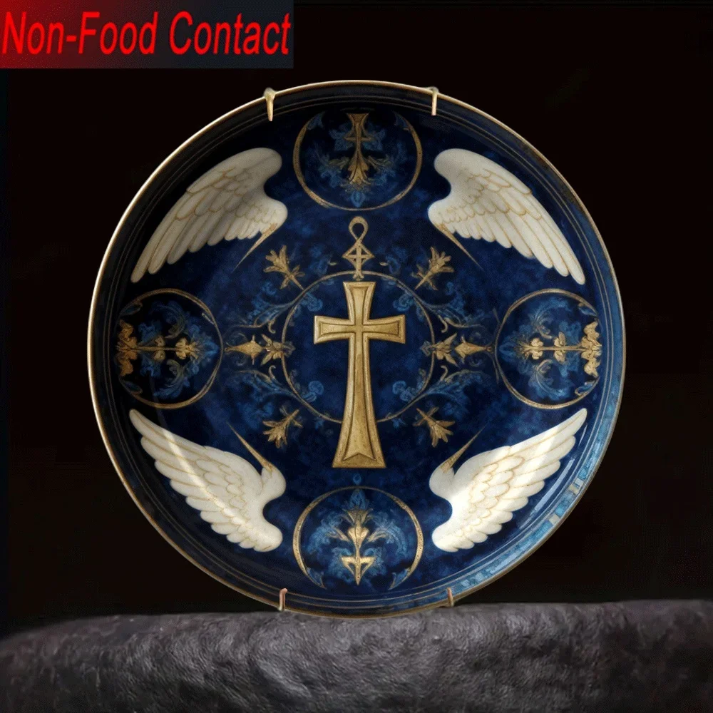 1pc Elegant Blue & Golden Winged Cross Ceramic Decorative Plate - Non-Food Contact Tabletop Ornament for Home, Living Room,