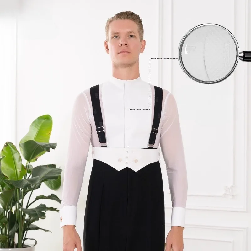 

Customized Men's Mesh Stand Up Collar Shirt Long Sleeve Competition Shirt Modern Dance Dress Tango Fox Step Practice Outfit