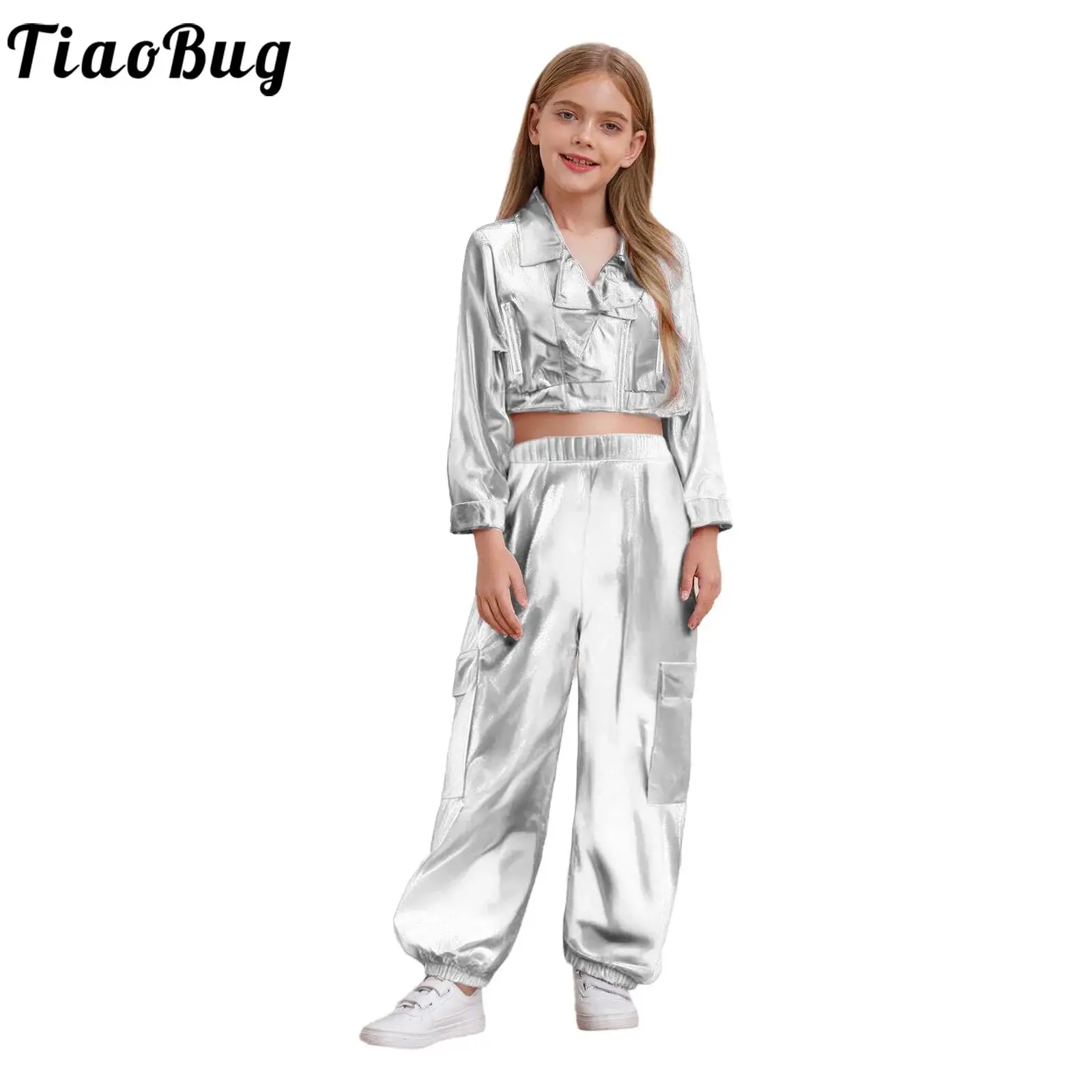 

Boys Girls Metallic Zipper Jacket Outfit Modern Street Dance Costume Long Sleeve Outwear with Shiny Pants for Hip-Hop Jazz Dance