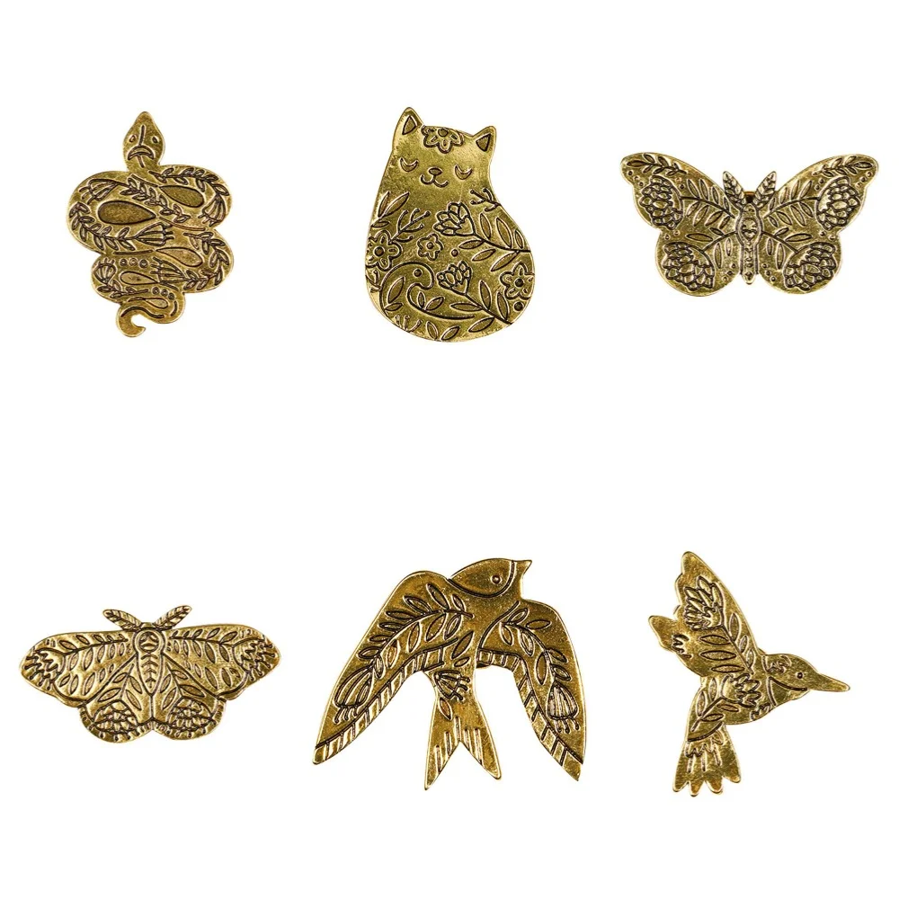 Vintage Garden Animals Bronze Pins Bird Cat Butterfly Swallow Fox Nature Brooches For Bag Backpack Coat Jewelry Wholesale