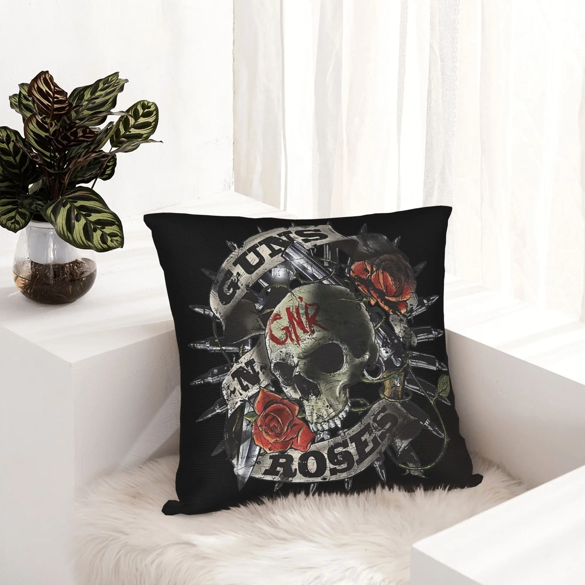 G-Guns N Roses Skull Floral Pillowcase Printing Fabric Cushion Cover Decor  Pillow Case Cover Sofa Square 45X45cm