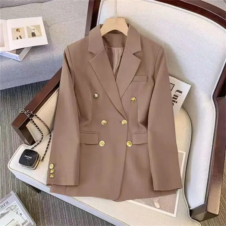 Fashion Blazers Women Spring Fall Office Ladies Long Coat Korean Slim Notched Double Breasted Metal Button Long Sleeve Jacket