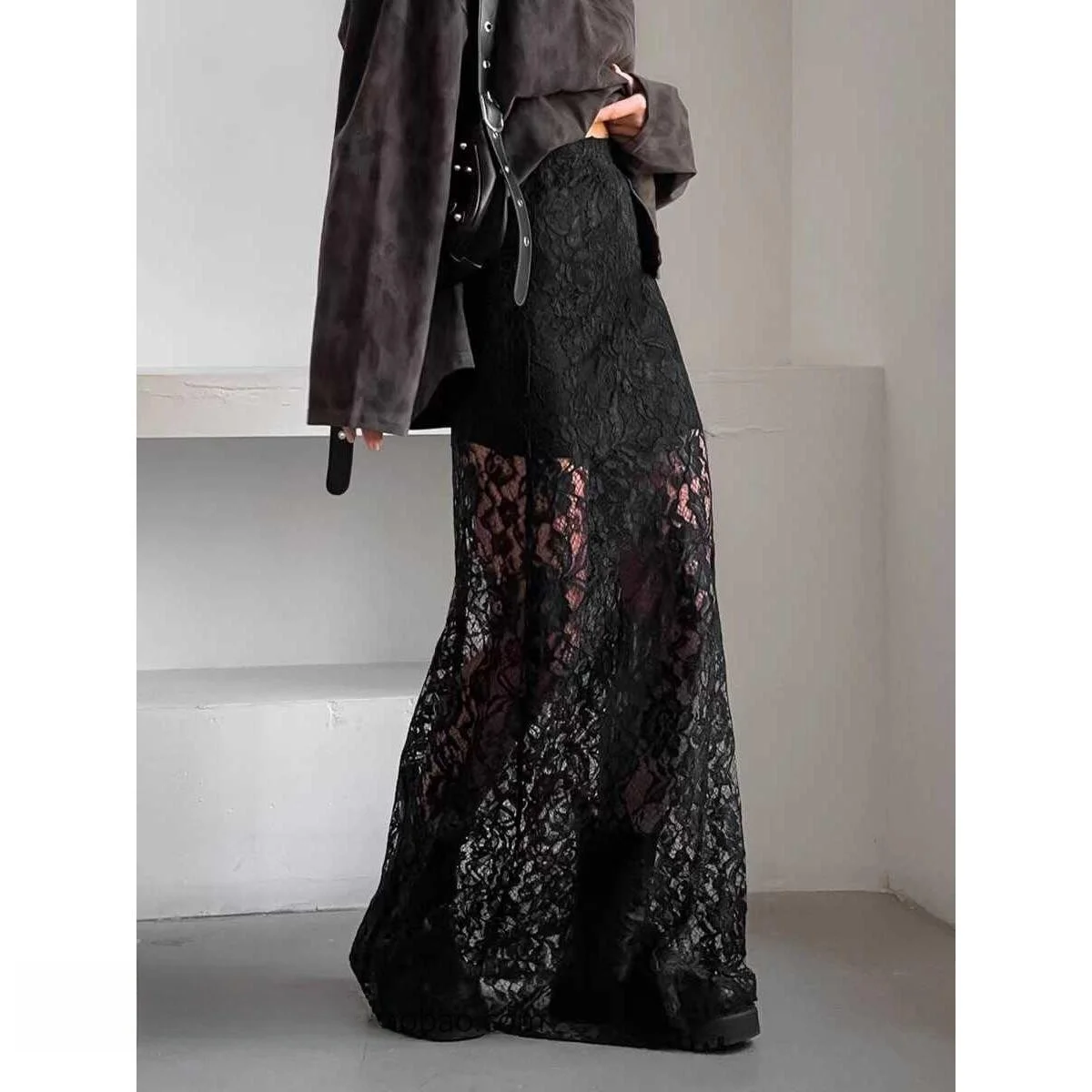 

Bla Sexy See-tough Lace High-waist Midi Skirt A-line Silhouette Long Skirt Pure Color Other Material High-waist Design