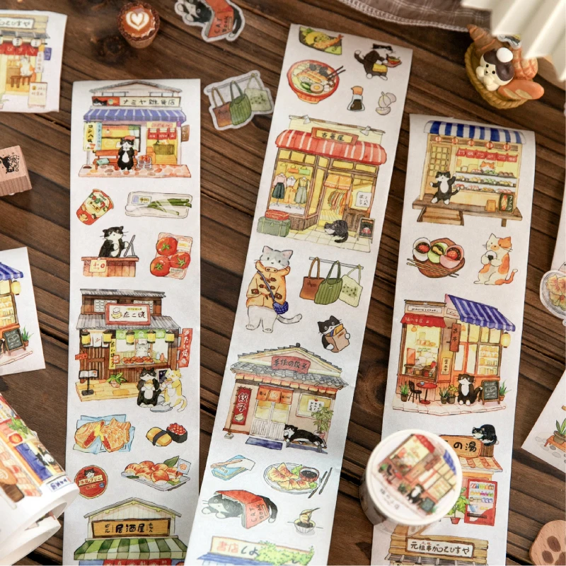 Cat Shop Series 60mm X 2m/Roll Masking Tapes with Coffee Bread Theme for Scrapbooking Diary Album Decorative Label Stickers Stat