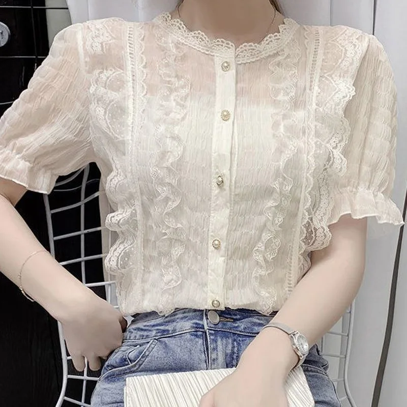 Solid Color Ladies Lace Hollow Out Blouses Short Sleeve Tops Summer Office Lady Interior Lapping 2024 New White Women\'s Clothing