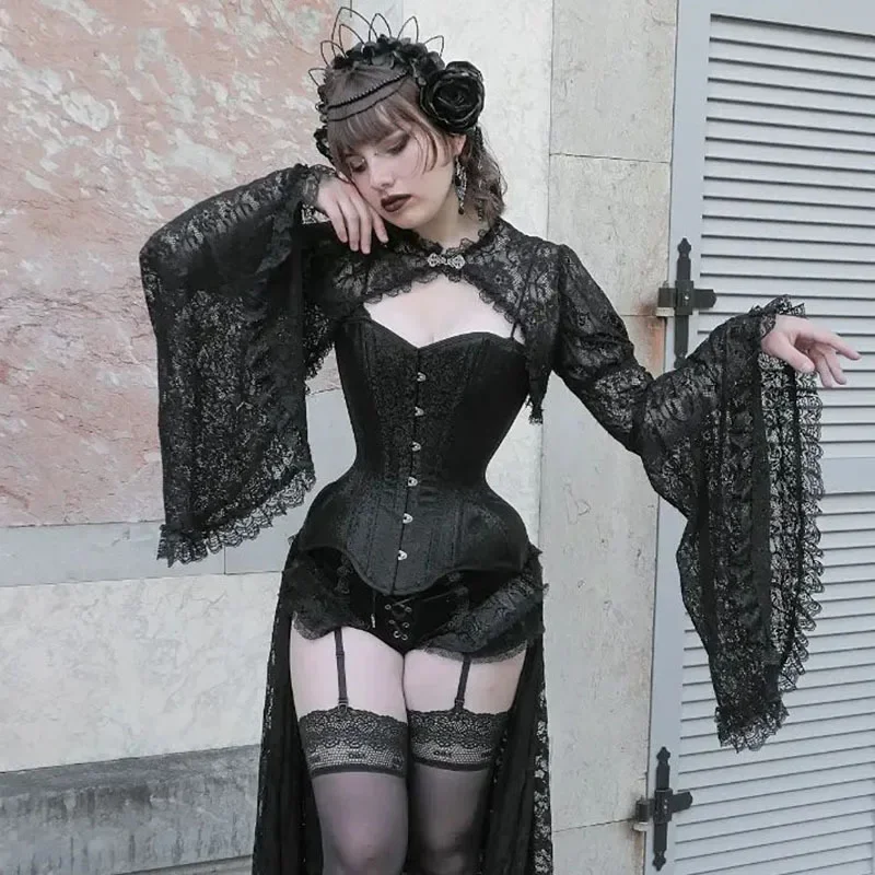 

Lace Mall Gothic See Through Shrug Tops Grunge Aesthetic Black Flare Sleeve Crop Top Women Vintage Punk Sexy Clothing