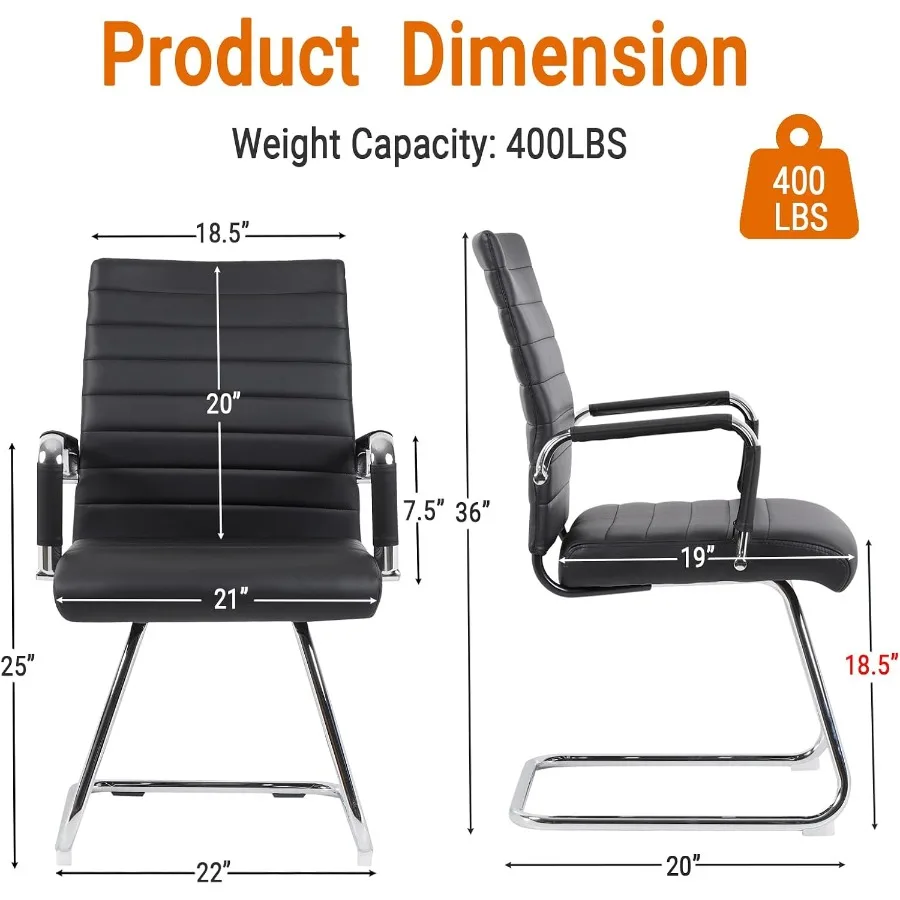 Office Reception Chair No Wheels, Stationary Non Rolling PU Leather Mid Back Guest Chair with Sled Base for Conference Waiting