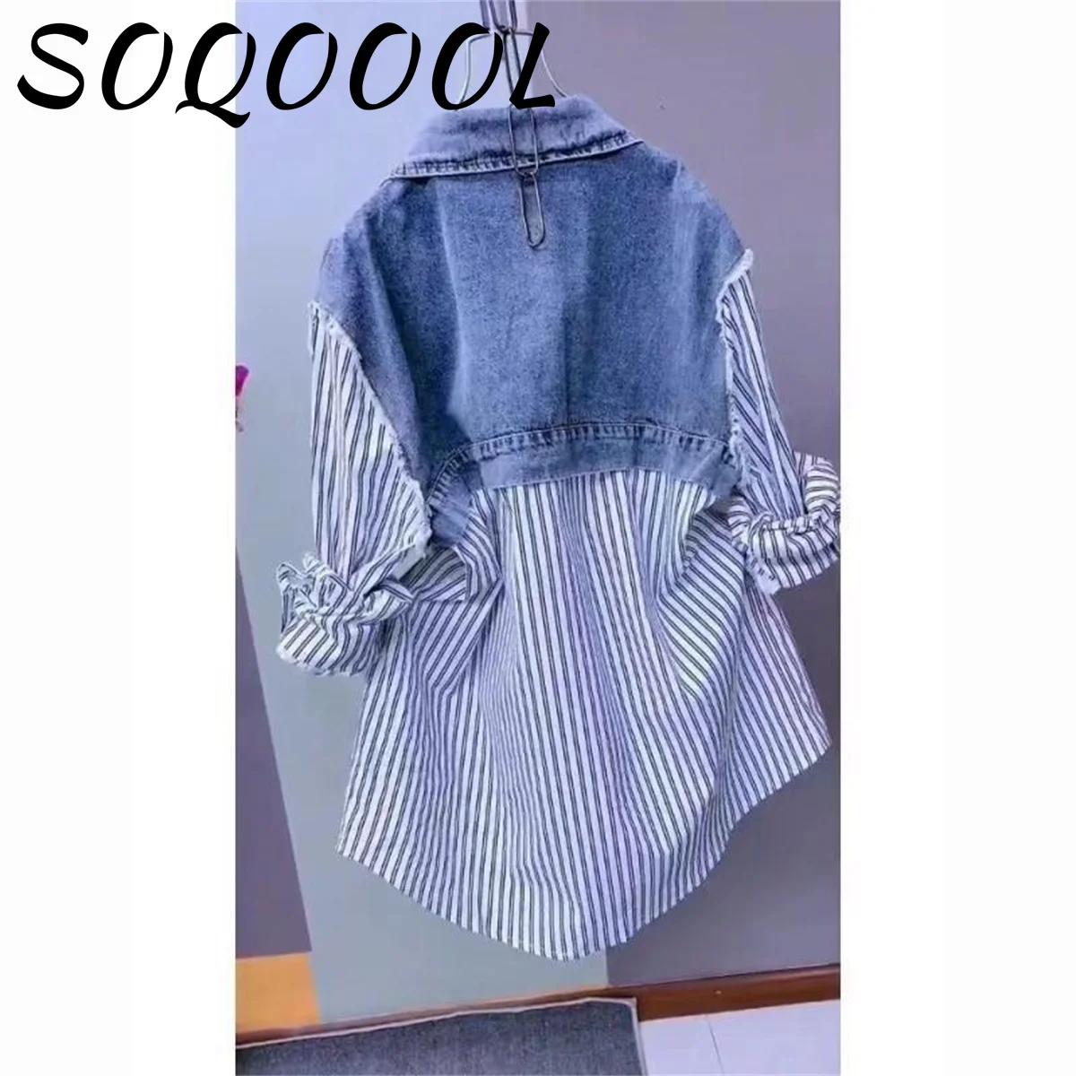 Fake Two Denim Shirts Women\'s Spring/Summer Korean Version Of Casual Western Style Joker Stitching Letter Striped Top Jackets