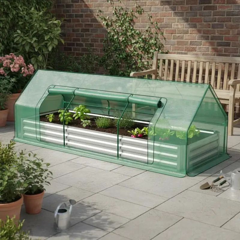 Elevated Planter Box 103 x 36 x 12 Inches For Patio Garden Balcony, Metal Grow Bed Polyethylene Cover Modular Design Vegetation Cultivation Green Silver