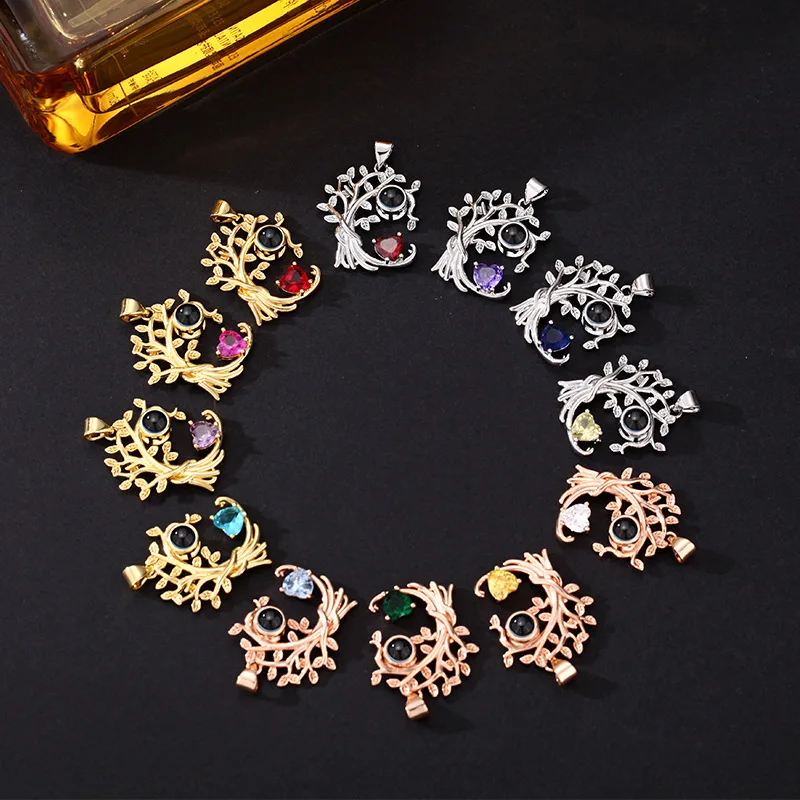 Custom Picture Projection Necklace 12 Birthstone Tree of Life Pendant Necklace Personalised Photo Projection Jewelry Women Gift