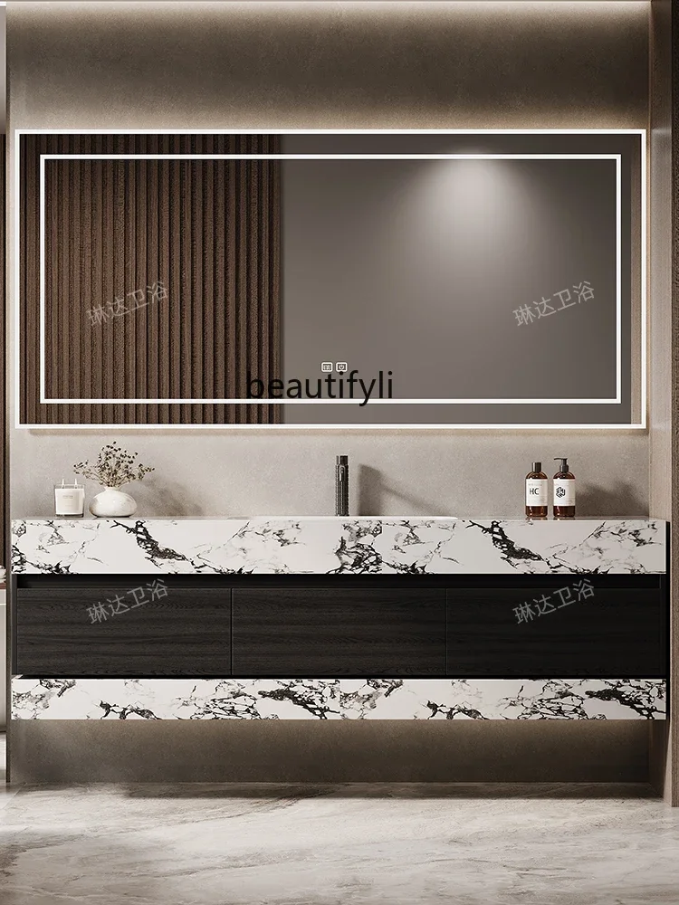 

Italian walnut bathroom cabinet combination rock slab seamless ceramic basin washbasin