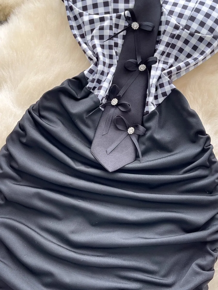 فوملينا دوبامين منقوشة بدون حمالات فستان أنبوبي المرأة الصيف ربطة القوس فيونكة المرقعة سليم صالح رغبة نقية Bodycon فستان قصير