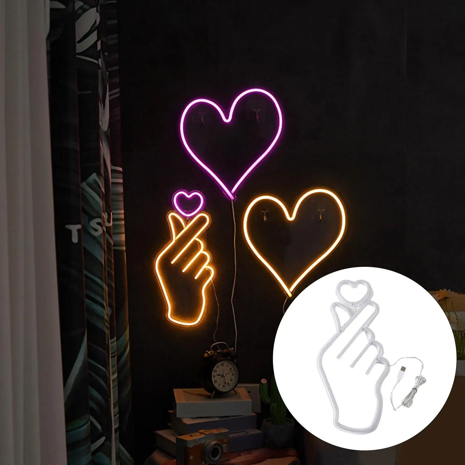 Lámpara de neón con forma de corazón para decoración de dormitorio, letrero de neón LED alimentado por USB, luces colgantes de pared, utilería para fotos, suministro de fiesta
